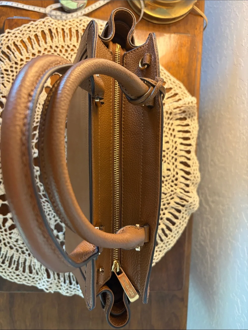 Michael Kors Brown Handbag with Yellow Woven Stripes